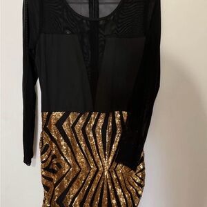 Black & Gold Sequin Long Sleeve Dress